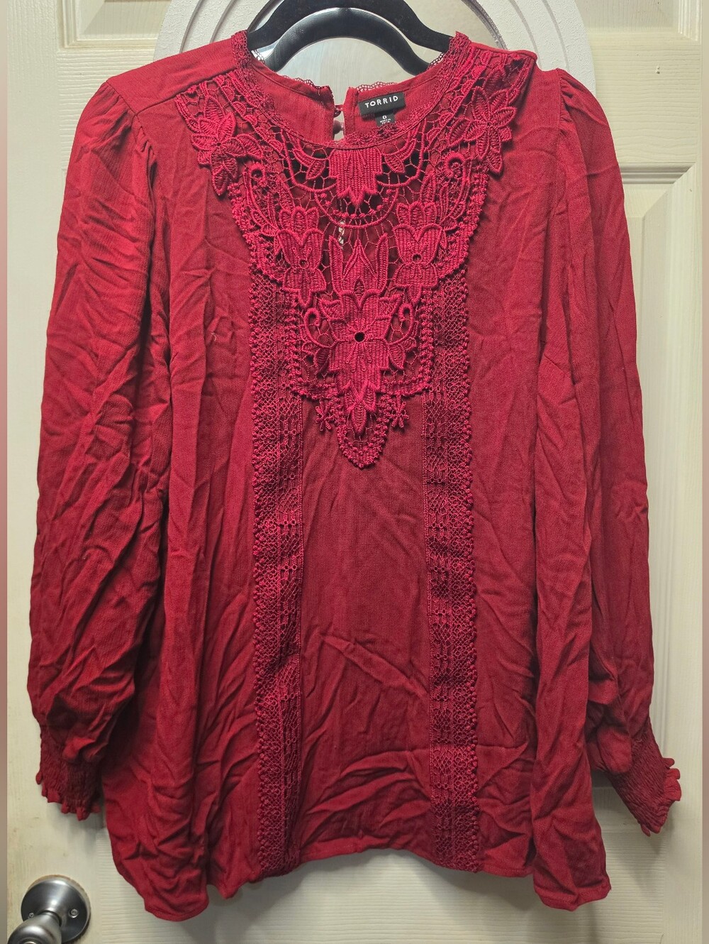 Torrid Crimson Red Lace-Yoke Long Sleeve Blouse